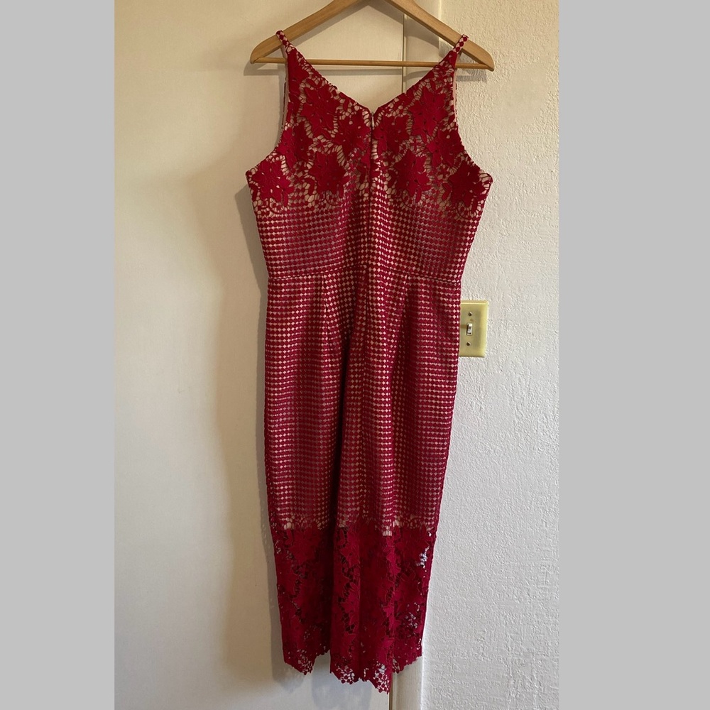 Dress The Population Red Lace Midi Dress XL Bodycon Floral Cocktail Party - Picture 9 of 13